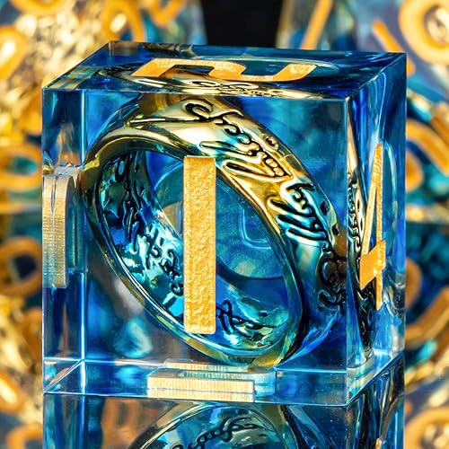 OUKELANWO Resin Sharp Edge Magic Lord of The Rings DND Dice, 7 Piece Polyhedral Dungeons and Dragons Dice Set D&D with Gifts Box, RPG Role Playing D and D LOTR Dice D20 D12 D10 D8 D6 D4 - Blue