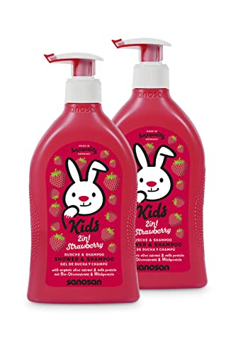 sanosan 2in1 Dusche & Shampoo Erdbeere für Kinder & Baby 2x 400 ml - Duschgel & Haarshampoo mit Bio Olivenextrakt & Milchprotein - Haarpflege, Hautpflege, Shower Gel, Haar Shampoo - 2 Stück