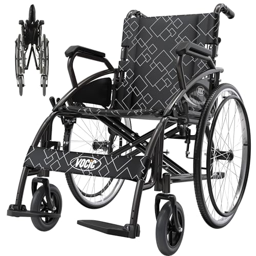 VOCIC Rollstuhl faltbar leicht bis 150kg,Doppelbremsen Klappbarer Transportrollstuhl (17.5kg) mit Selbstantrieb für Senioren,60cm Pannensicher Hinterrad für Alle Terrains 5 Jahre Garantie|Grau - Grau