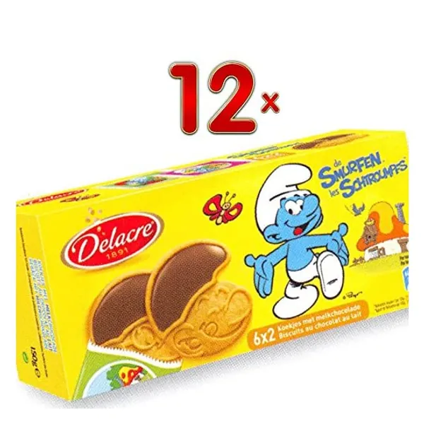 Delacre de Smurfen les Schtroumpfs-Koekjes met Melkchocolade 12 x 150g Packung (Schlumpfkekse mit Vollmilch-Mütze)