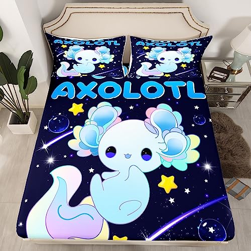 Galaxy Axolotl Bettlaken-Set, niedliches Axolotl-Bettwäsche-Set für Kinder, Cartoon, Salamander, Spannbetttuch, blau, Axolotl, Bettbezug, Sealife, Einzelbett - Mehrfarbig 19 - Single(90 x 190+40cm)