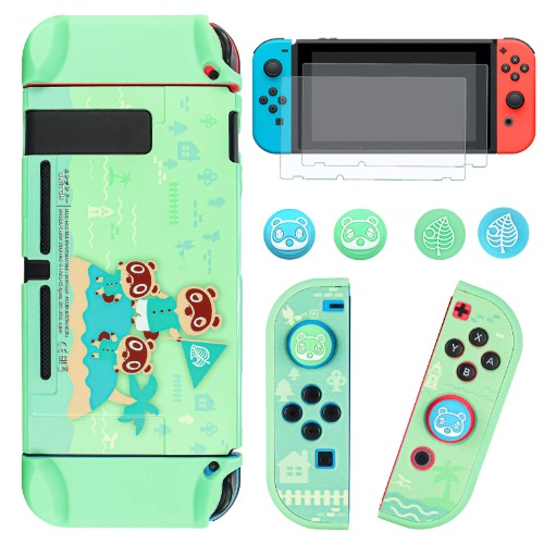 DLseego Schutzhülle Kompatibel mit Switch, Hard Hülle Schale Kratzfeste, Stoßfeste Abdeckung Case mit 2 Schutzfolie und 4 Joystick Kappen für Switch Konsole und Joy Con - Grün - Grün