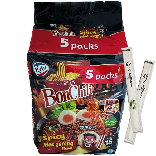 5er Set Kobe Bon Chili Instant Nudeln Hot und Spicy I Schärfegrad 15 I Ramen Fertiggericht Scharf I Mie Goreng Hot I Gebratene Nudeln I 5x105g I Halal I plus 5 Paar Essstäbchen aus Bambus - 5er Set Instant Nudeln