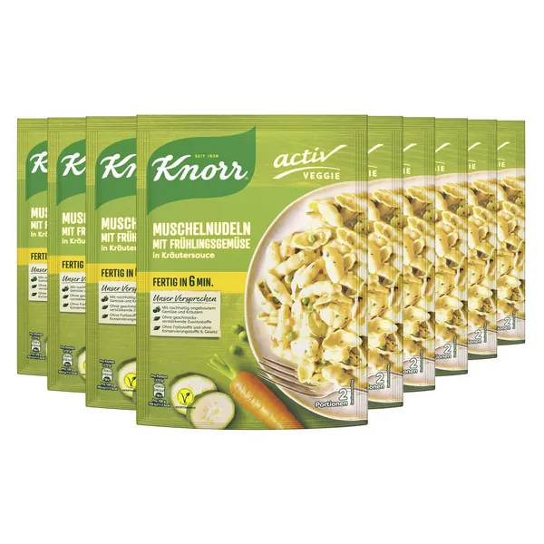 Knorr Activ Veggie Nudel-Fertiggericht Muschelnudeln mit Frühlingsgemüse in Kräutersauce leckeres Nudelgericht ohne geschmacksverstärkende Zusatzstoffe und Farbstoffe 155 g 9 Stück - 