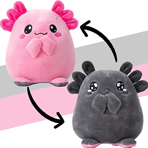 Stimmungskuscheltier, 16cm Plüschtier zum Wenden, Axolotl „Spotl & Pebbles“ rosa, grau | niedlich vs. traurig - Axolotl „spotl & Pebbles“