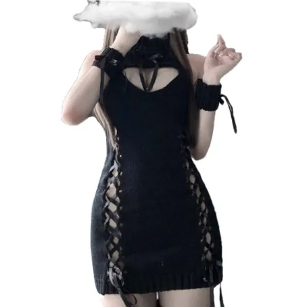 JasmyGirls Damen Sexy Cosplay Dessous Rückenfrei Hollow Out Anime Virgin Killer Sweater Kawaii Japanischer Pullover Knit Tank Top