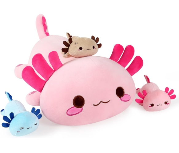 Shownicer Plüschtier Axolotl Kuscheltier Stofftier Kawaii Axolotl Plüsch, Axolotl Mama & 3 Babys Plüschkissen Spielzeug, Axolotl Kissen Puppe, Wurfkissen Schmusetier Geschenk für Kinder Mädchen Jungen - Axolotl-familie
