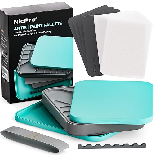 Nicpro Stay Wet Palette for Acrylic Miniature Painting Kit, Paint Tray Palettes with 100PCS Pallet Paper, 4PCS Sponge, Brush Holder Mixing Paint Saver Palette for 40K Miniature Model Paint - Blue