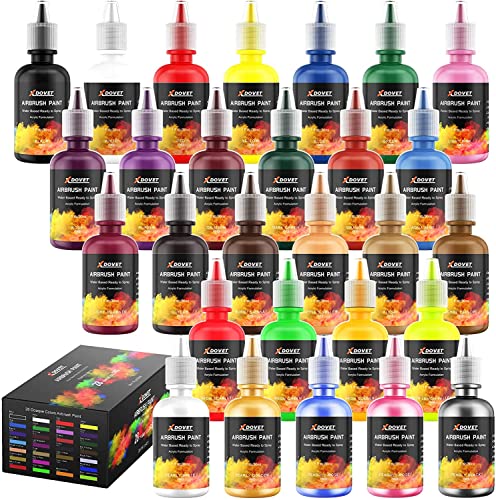 XDOVET Airbrush Paint, 28 Colors Airbrush Paint Set (30 ml/1 oz), Ready to Spray, Opaque & Neon Colors, Water-Based, Premium Acrylic Airbrush Paint Kit for Beginners, Hobbyist and Artists - 28 Colors Set