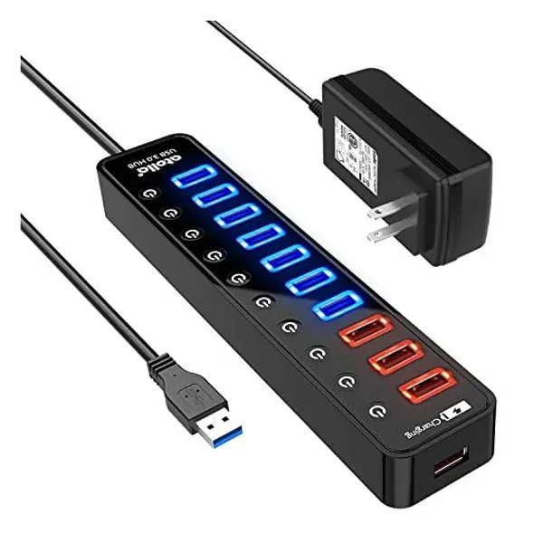 
                            Powered USB 3.0 Hub, Atolla USB 3.0 Data Hub 11 Ports - 7 USB 3.0 Data Ports + 4 Smart Charging Port with Individual On/Off Switches and 12V/4A Power Adapter USB Hub 3.0 Splitter
                        