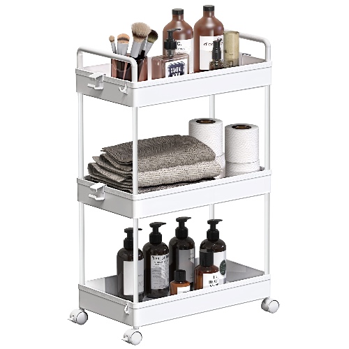 SOLEJAZZ Rolling Storage Cart, 3 Tier Utility Cart Mobile Slide Out Organizer, Bathroom Standing Rack Shelving Unit Organizer for Kitchen, Bathroom, Laundry Room, White - White
