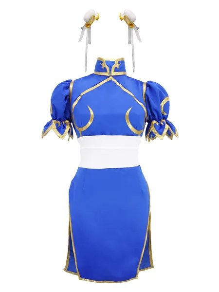 DAZCOS US Size Adult Chun Li Cosplay Costume Blue Cheongsam