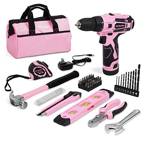 WORKPRO 12V Pink Cordless Drill Driver and Home Tool Kit, Hand Tool Set for DIY, Home Maintenance, 14-inch Storage Bag Included - Pink Ribbon - Pink