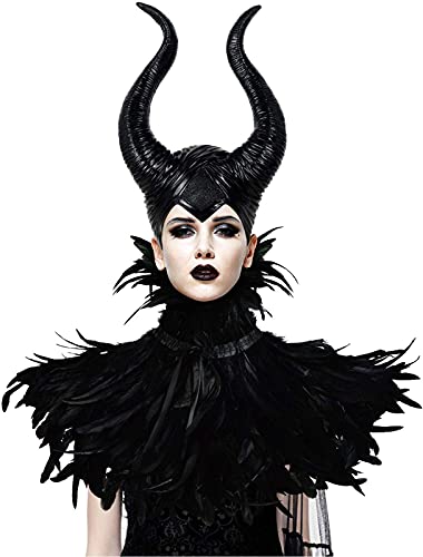 Maleficent Horns with Feather Cape Shawl Set Black Evil Queen Halloween Costume for Women - Black