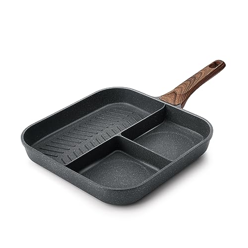 SENSARTE Nonstick Griddle Grill Pan, Reversible Grill & Griddle Pan, Two Burner Cast Aluminum Griddle, Portable for Indoor Stovetop or Outdoor Camping BBQ, 19.5" x 10.7" (Grey) - Grill-3 Section - 11"