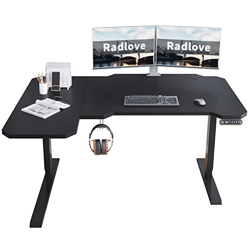 Radlove 59-Inch Large Electric Height Adjustable Computer L-Shaped Desk with Memory Controller Corner Standing Desk Modern Workstation with Splice Board Game Ergonomic Desk (Black Frame + Black Top) - Black - 59'' (L shape)