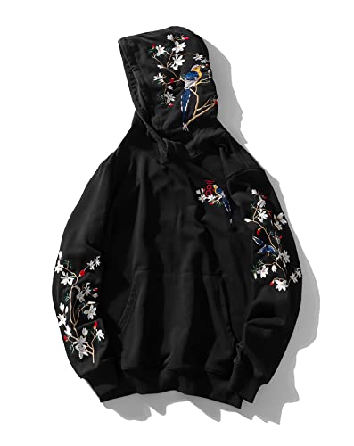 Niepce Inc Streetwear Men's Dragon Embroidered Heavyweight Graphic Hoodies - Black-magpie - Medium