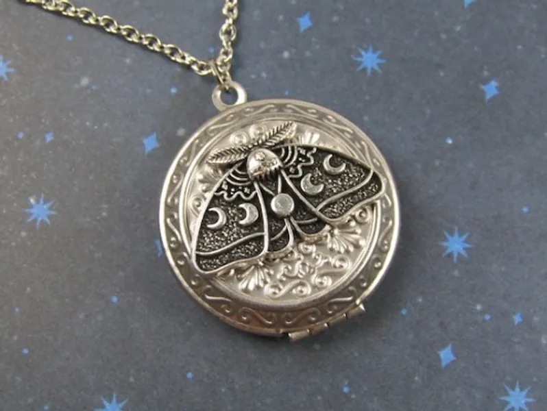 Phases of the Moon Photo Locket Witchy Woman Moth Necklace | Etsy