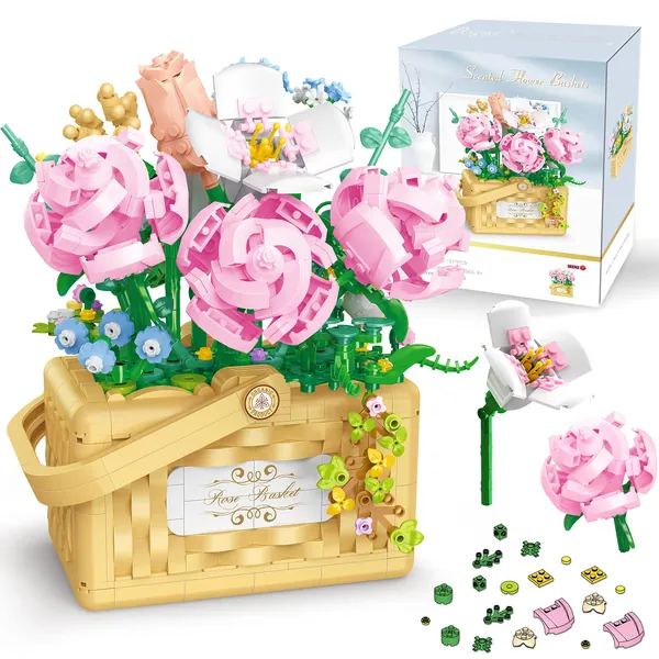 Sopu 1277 Pcs Flower Bouquet Building Kit Bonsai Rose Fower Basket, Building Blocks Set Blossom Particle Flower Botanical Collection Valentines Day Gifts for Her Women Mom Compatible with Lego