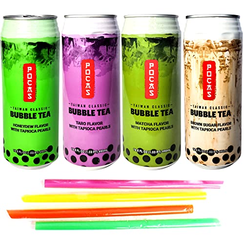 Pocas Bubble Tea with Tapioca Pearls, Variety Pack 8 can(16.5oz) (Taro x2, Brown Sugar x2, Matcha x2, Honey Dew x 2)