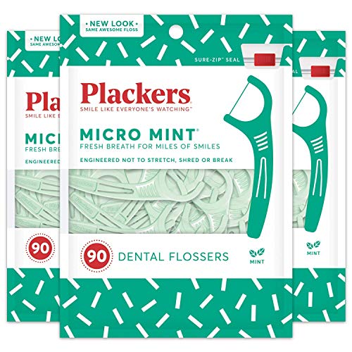 Plackers Micro Mint Dental Floss Picks with Travel Case, 12 Count (Color may vary) - 90 Count (Pack of 3) - Dental Flossers