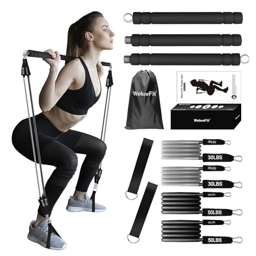 WeluvFit Pilates Bar Kit with Resistance Bands, Pilates Bar with Non-Slip Foot Belts /3-Section/Exercise Equipment for Women & Men, Home Workouts Stainless Steel Stick Squat Yoga for Full Body