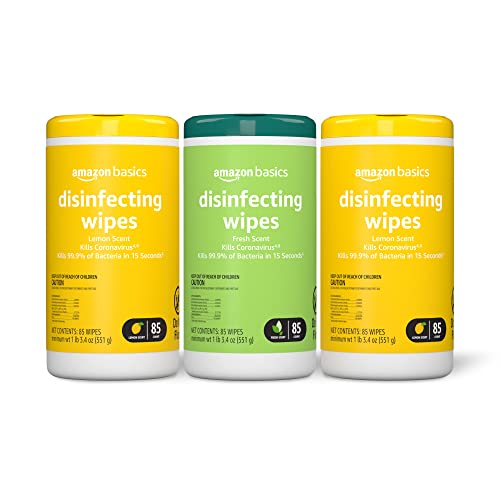 Amazon Basics Disinfecting Wipes, Lemon & Fresh Scent, Sanitizes, Cleans, Disinfects & Deodorizes, 255 Count (3 Packs of 85) (Previously Solimo) (Packaging May Vary) - 85 Count (Pack of 3) - 3 Pack--2 Lemon, 1 Fresh