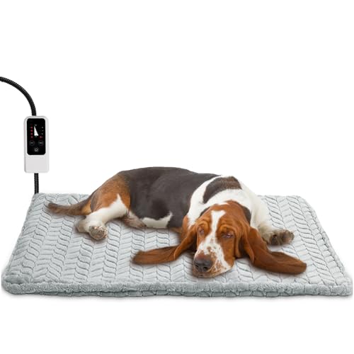 Heeyoo Pet Heating Pad, Adjustable Temperature Dog Cat Heating Pad with Timer, Waterproof Heated Dog Bed with Chew Resistant Cord, Auto Power-Off Indoor Pet Heated Mat for Dogs and Cats - M: 28'' X 16'' - Grey
