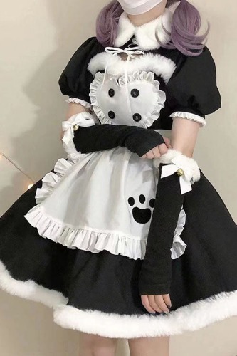 Black/White Cat Paw Print Short Sleeves Maid Sweet Lolita Dress Set