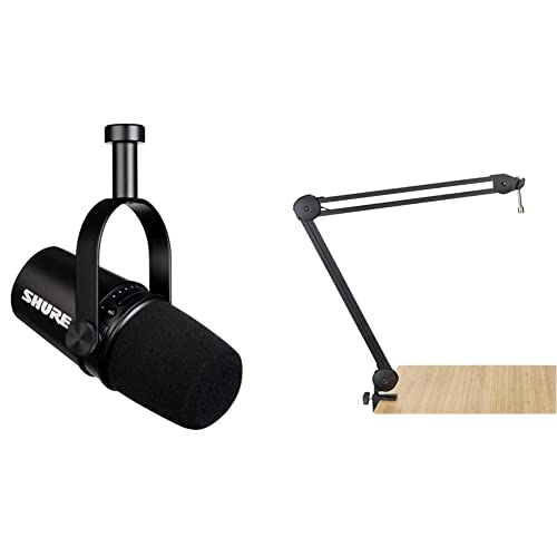 Shure MV7 USB Microphone + Gator 2000 Boom Stand Bundle for Podcasting, Recording, Live Streaming & Gaming, Built-In Headphone Output, All Metal USB/XLR Dynamic Mic, Voice-Isolating Technology - Black - MV7 Black - Gator 2000 Boom Arm