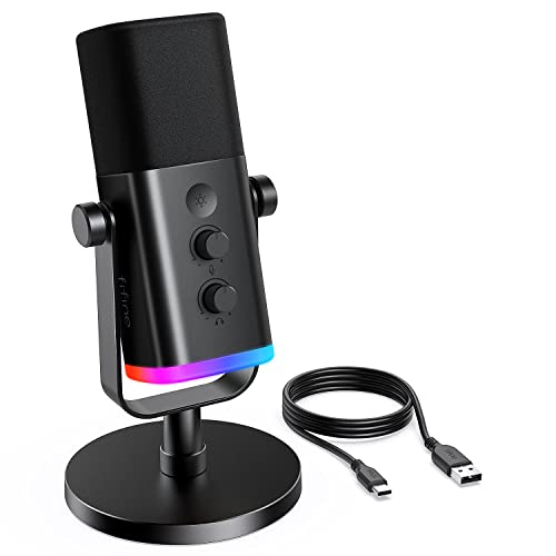 Fifine XLR/USB Dynamic Podcasting Microphone, Gaming Studio Computer PC Mic with RGB, Mute Button, Headphones Jack, Desktop Stand, for Streaming Recording Vocal VoiceOver YouTube Singing-AM8 - Black