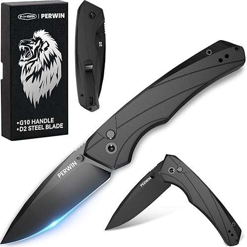 PERWIN Pocket Knife - Folding Knife Button Lock, Razor Sharp D2 Blade G10 Handle for EDC, Collection, Outdoor Activities - Black - Button Lock