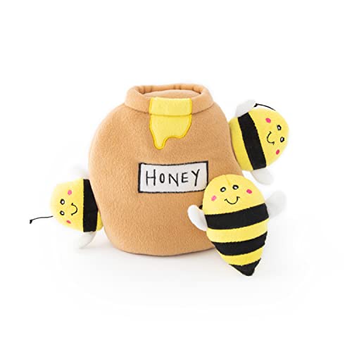 ZippyPaws Burrow, Bees & Honey Pot - Interactive Dog Toys for Boredom - Hide and Seek Dog Toys, Colorful Squeaky Dog Toys for Small & Medium Dogs, Plush Dog Puzzles - Burrows - Bees & Honey Pot