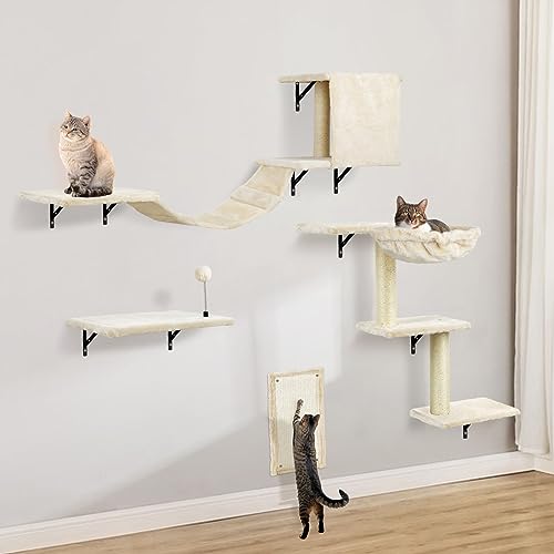 Cat Wall-Mounted Climber Set with Cat Shelves, Perches, Condo House, Ladder, Hammock, Scratching Board & Tree - 5 Pcs Wood Indoor Cat Furniture for Play and Relaxation (Beige) - Beige