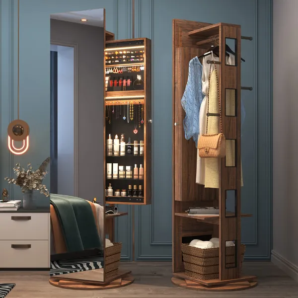 LVSOMT Full Length Mirror with Coat Rack, 360°Swivel Full Body Mirror with Jewelry Storage, Floor Mirror with Clothes Valet Stand, Jewelry Cabinet Armoire with Hanging Rod, Shelves(Brown)