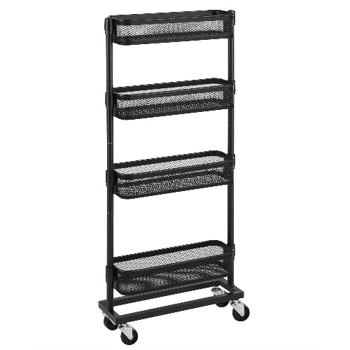 SONGMICS Slim Storage Cart, 4-Tier Slide-Out Trolley for Small Spaces, Bathroom and Kitchen, with Wire Baskets, Space Saving, Easy Assembly, Black UBSC065B01, 15.9 x 5.3 x 35.7 inches