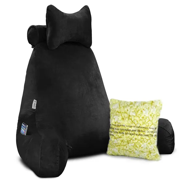 Vekkia Premium Soft Reading & Bed Rest Pillow with Higher Support Arm, Pocket, Free Neck Pillow. Back Support for Reading/Relaxing/Watching TV - Extra Foam Incl-24”