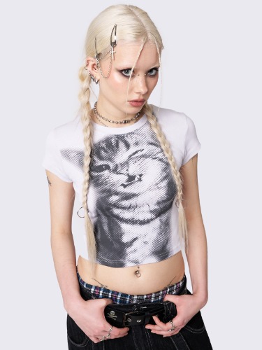 Pixel Kitty White Baby Tee | L / White