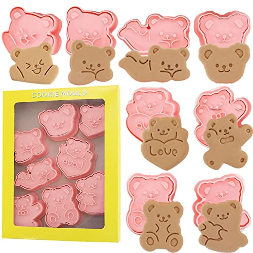 Keepaty Bear Cookie Cutters - 8 Pieces 3D Pressable Bear Biscuit Cutters,Teddy Bear Plastic Embossed Stamped Pastry Cutters for Biscuit,Fondant - Teddy Bear A