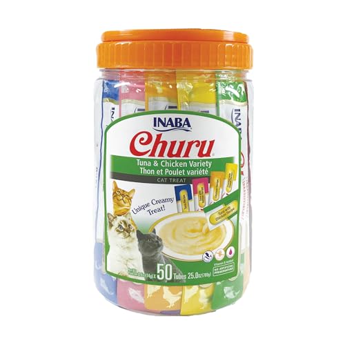 INABA Churu Cat Treats, Grain-Free, Lickable, Squeezable Creamy Purée Cat Treat/Topper with Vitamin E & Taurine, 0.5 Ounces Each Tube, 50 Tubes, Tuna & Chicken Variety - Tuna and Chicken Variety - 0.5 Ounce (Pack of 50)