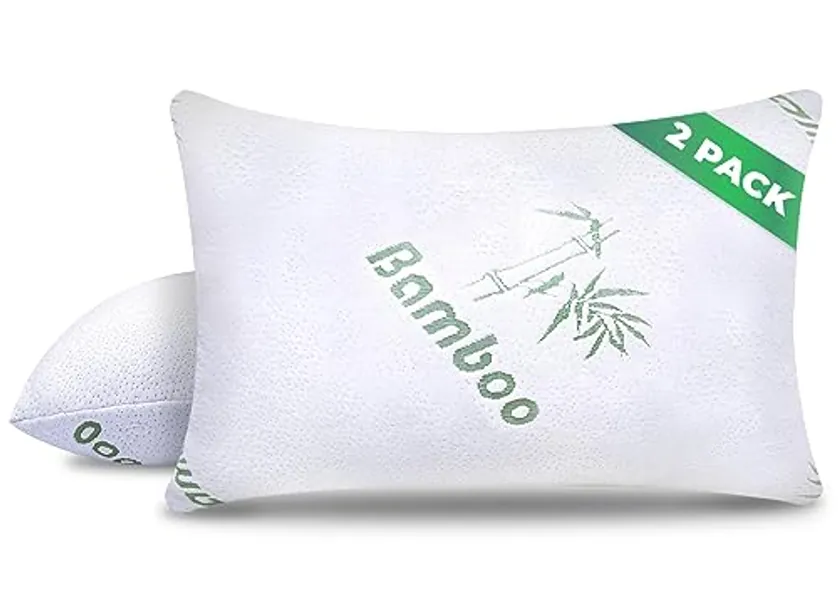 Memory Foam Pillows Queen Size Set of 2 - Cooling Bed Pillows for Sleeping - Back, Stomach, Side Sleeper Firm, Comfy Cool Shredded - 2 Pack, Rayon Derived from Bamboo - 2 - Firm Memory Foam