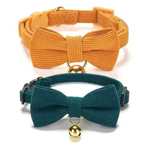 YUDOTE 2 Pack Breakaway Cat Collar with Bow Tie and Bell Adjustable Cute Safety Corduroy Kitten Collar with Removeable Bow,Yellow+Green - 7.5-11.4 Inch (Pack of 2) - Yellow+green