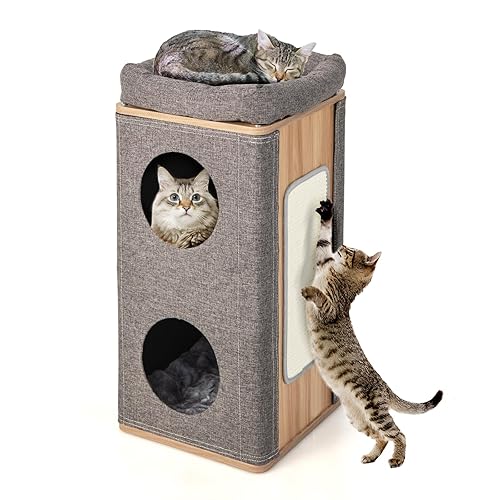 Tangkula 3-Story Cat Tree Condo, Wooden Cat House with Scratching Board, 2 Hideaways & Removable Soft Top Plush Bed, Modern Barrel-Shaped Cat Tower Furniture for Indoor Cats (Grey)