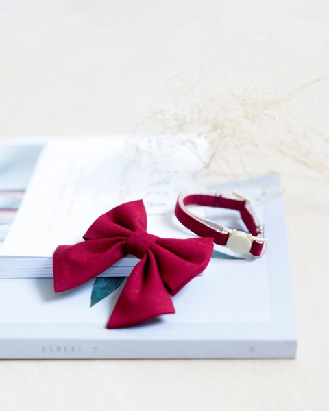 Bow Tie Cat Collar Set - Cranberry Red | Red Cat Collar, Girly Cat Collar, Holiday Cat Collar, Red Cat Bow, Sailor Bow Cat Collar, Breakaway