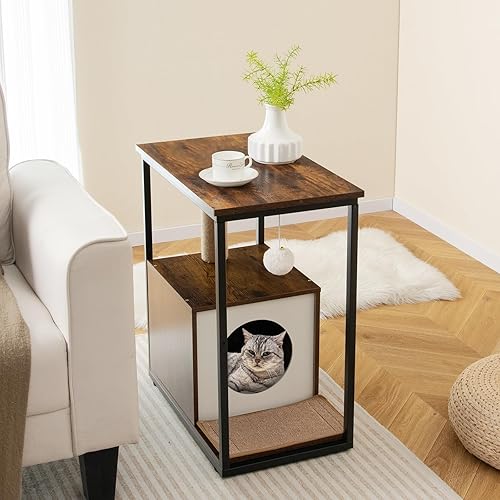 Tangkula Cat Tree End Table, Wooden Cat House for Indoor Cats with Scratching Post, Removable Scratching Mat, Dangling Ball Toy, Anti-Tipping Device, Modern Cat Furniture with Cat Condo (Rustic Brown) - Rustic Brown