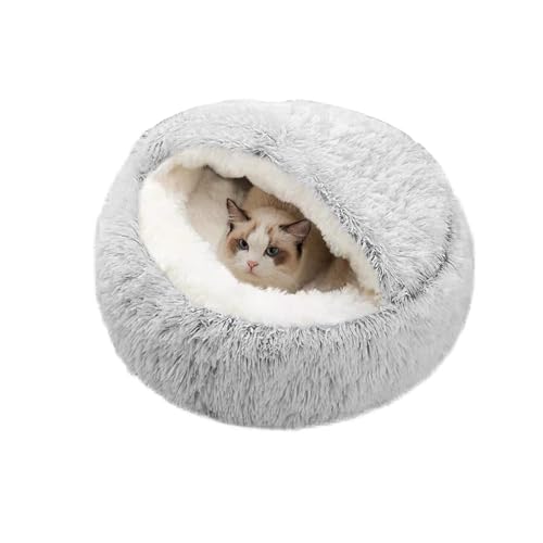 Cat Bed Round Fluffy Hooded Cat Bed Cave, Anti-Anxiety Cave Bed with Hooded Blanket, Cozy Cuddler Luxury Puppy Pet Bed, Anti-Slip Bottom and Machine Washable (Medium, Grey) - Medium - Grey