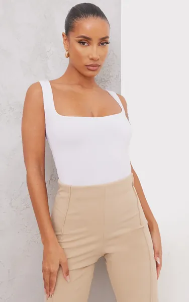 Basic White Slinky Scoop Neck Bodysuit