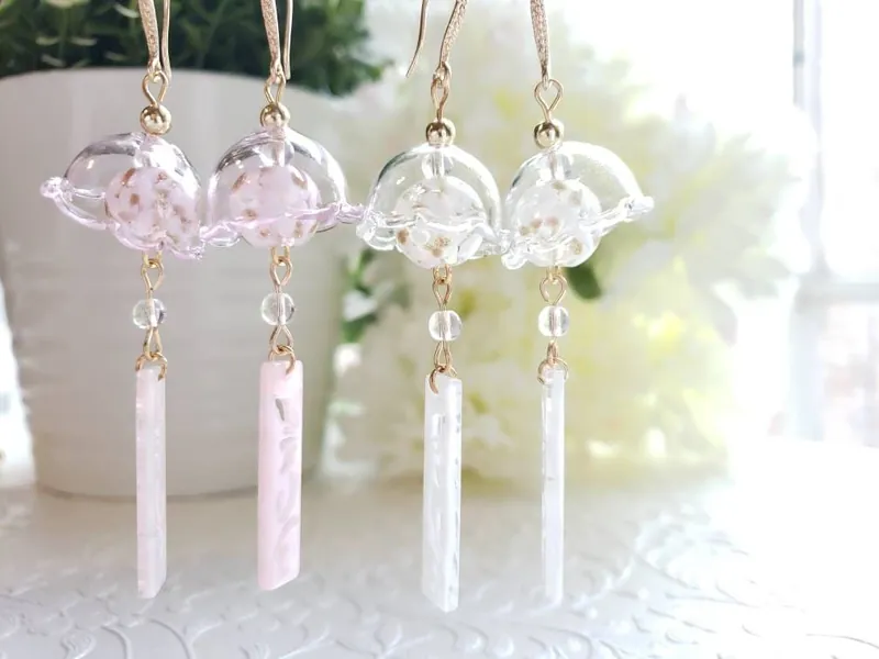 Wind chime earrings,  white blue purple dangle earrings