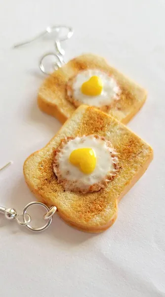 Toast with Fried  Heart Egg Earrings,  toast earrings,  egg earrings