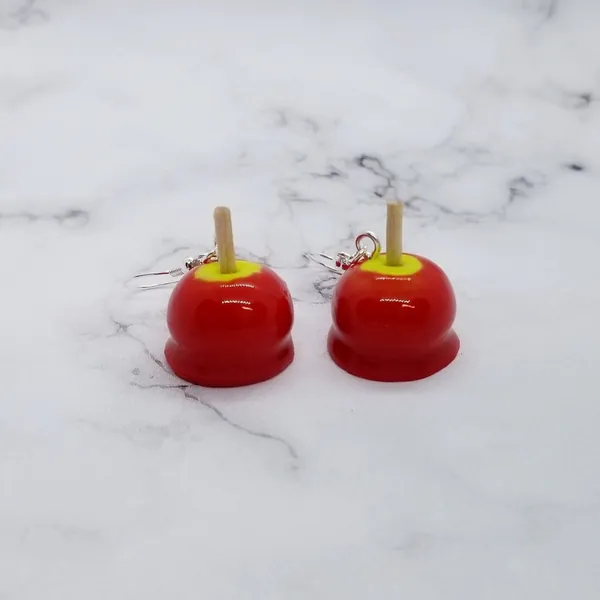 Candy Apple Earrings- Hand Sculpted Mini Clay Food Jewelry, Realistic Food Miniatures, Halloween Jewelry, Red Candy Apple, Fake Food